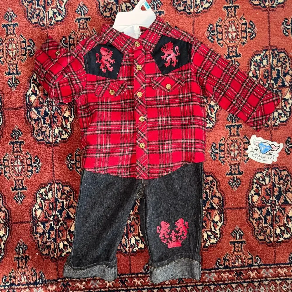 Glamajama Baby Boy 3-6 Mo. NWT Red Flannel Shirt‎ + Jeans Outfit